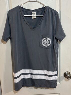 PINK Victoria's Secret Charcoal V-Neck Pocket Tee with White Stripes